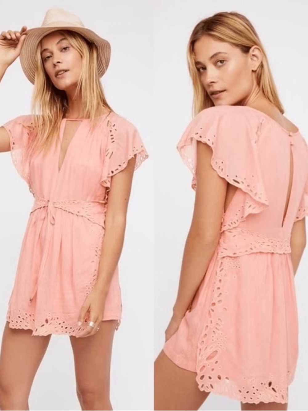 Free People Peach Eyelet Tie-Waist Romper